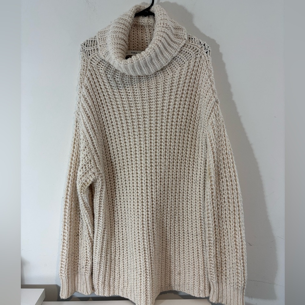 Zara Knit Womens Medium Oversized Turtleneck Sweater Dress Beige Winter Casual